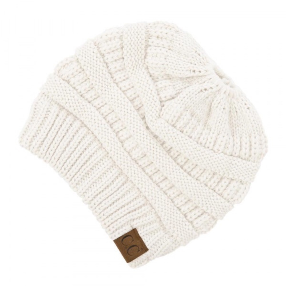 Messy Bun Beanie Hat White